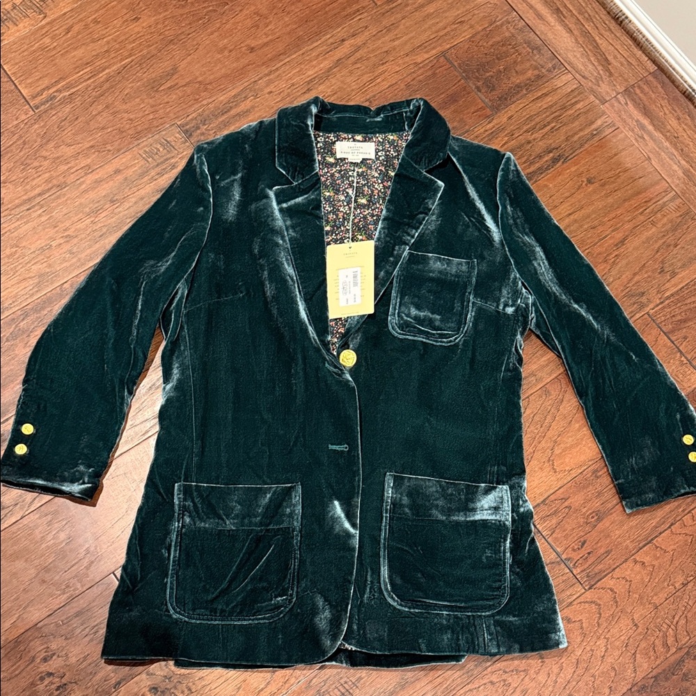Trovata Deep Green Velvet Blazer with Gold Buttons